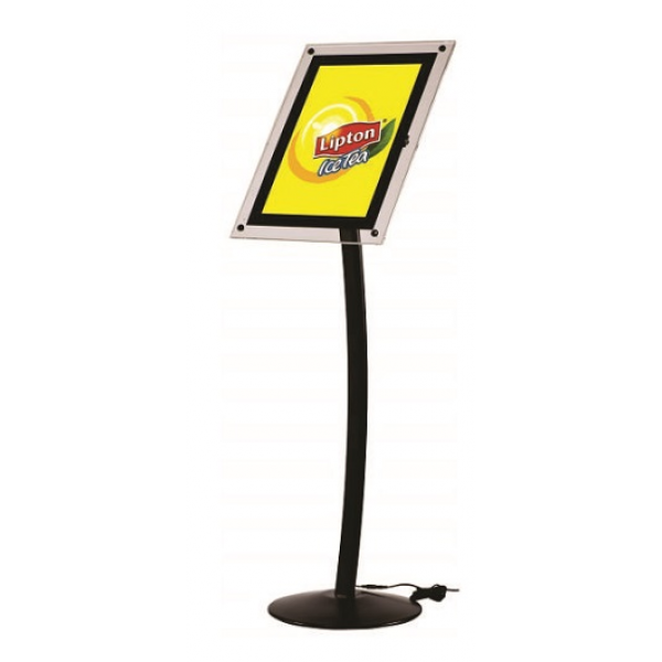 Display curbat cu picior tip menuboard, cu iluminare LED, pentru postere si pliante, negru